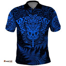 New Zealand Rugby Polo Shirt Silver Fern All Black Mix Ta Moko Blue Style