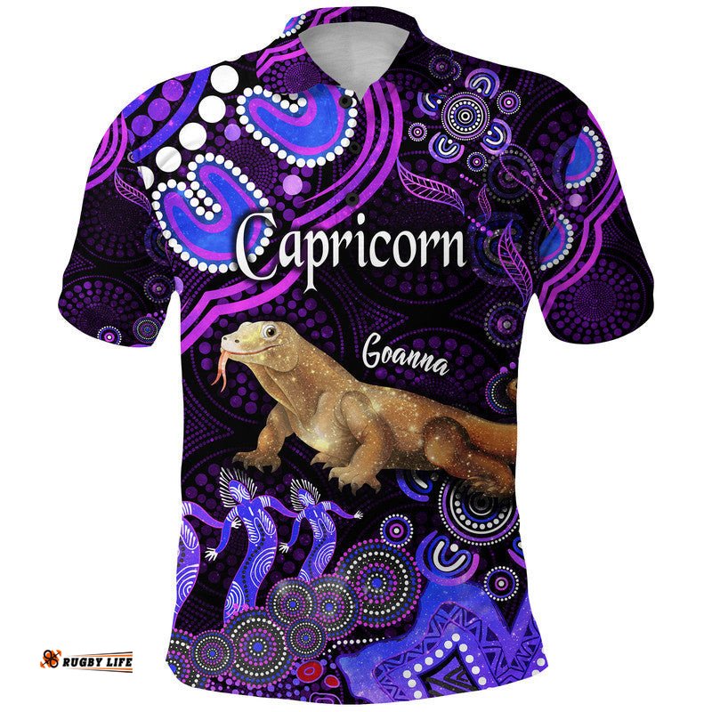 Custom Personalised Australian Astrology Polo Shirt Capricorn Goanna Zodiac Aboriginal Vibes - Purple Amazing Aussie