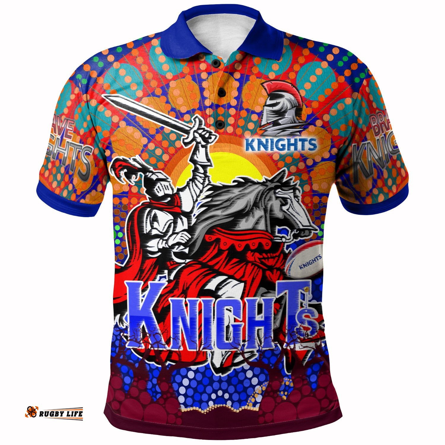 Knights Rugby Polo shirt - Custom Indigenous Knights With Rugby Ball And Sun Watercolor Dot Painting Polo shirt Amazing Aussie