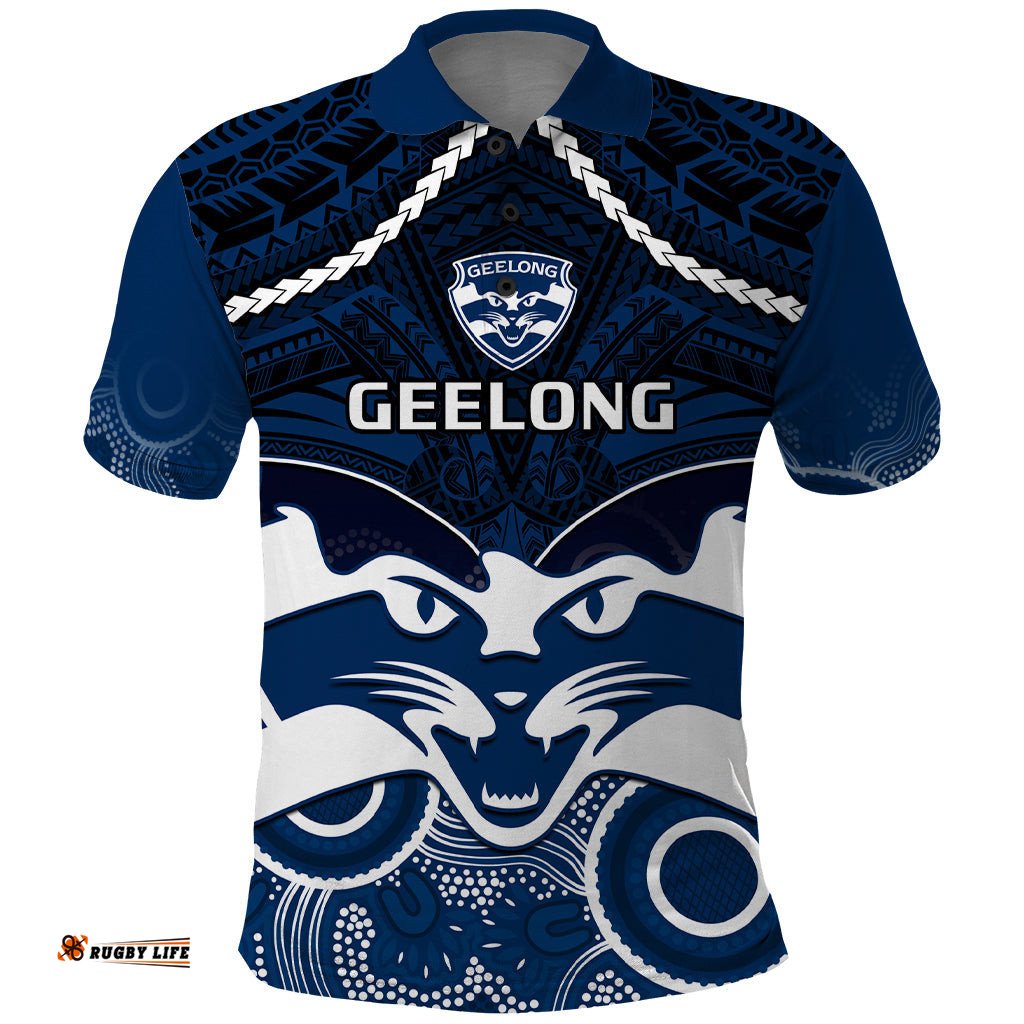 Geelong Football Polo Shirt Go Cats Aboriginal Mix Polynesian Pattern