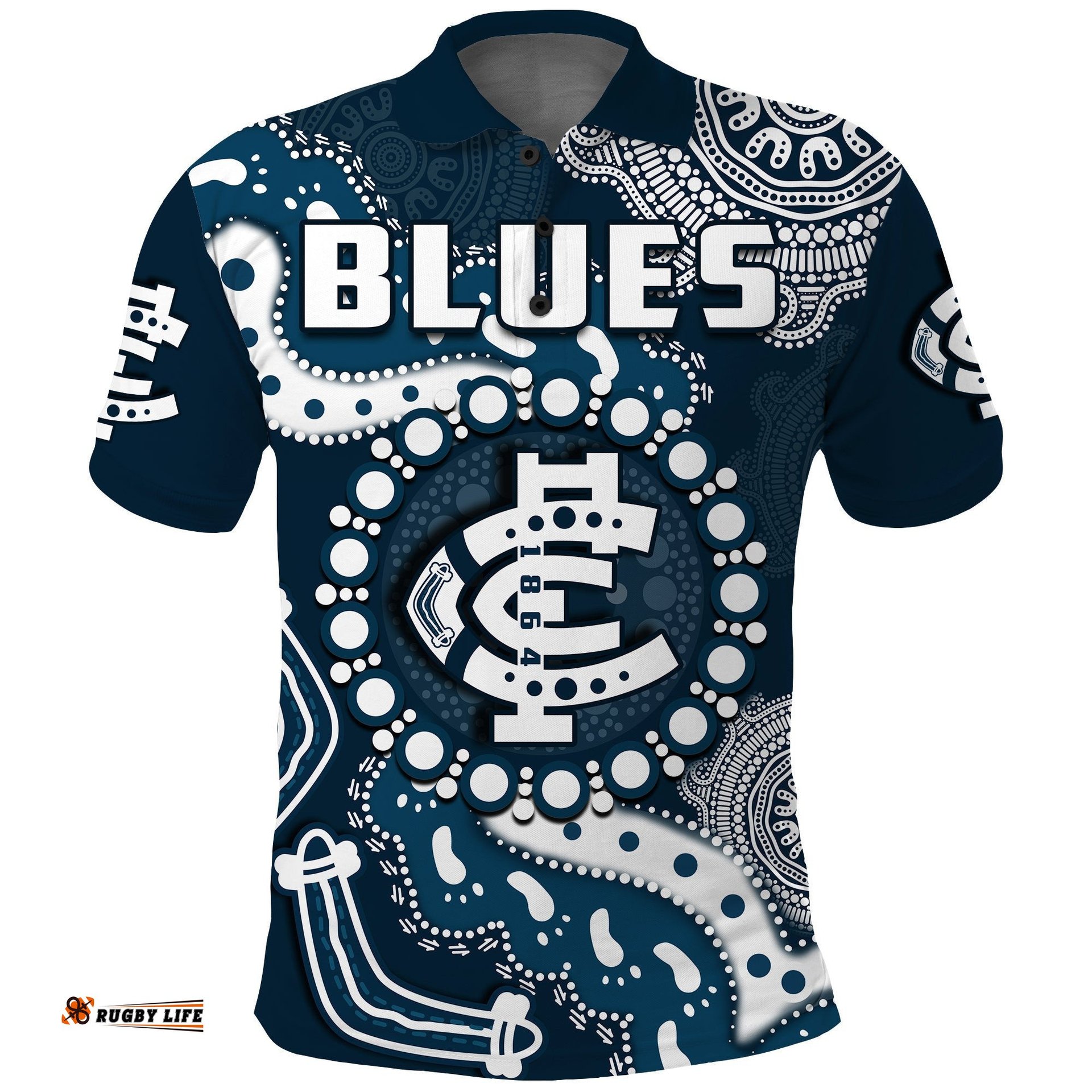 Carlton Football Polo Shirt Blues 1864 Boomerang Indigenous Artsy Amazing Aussie