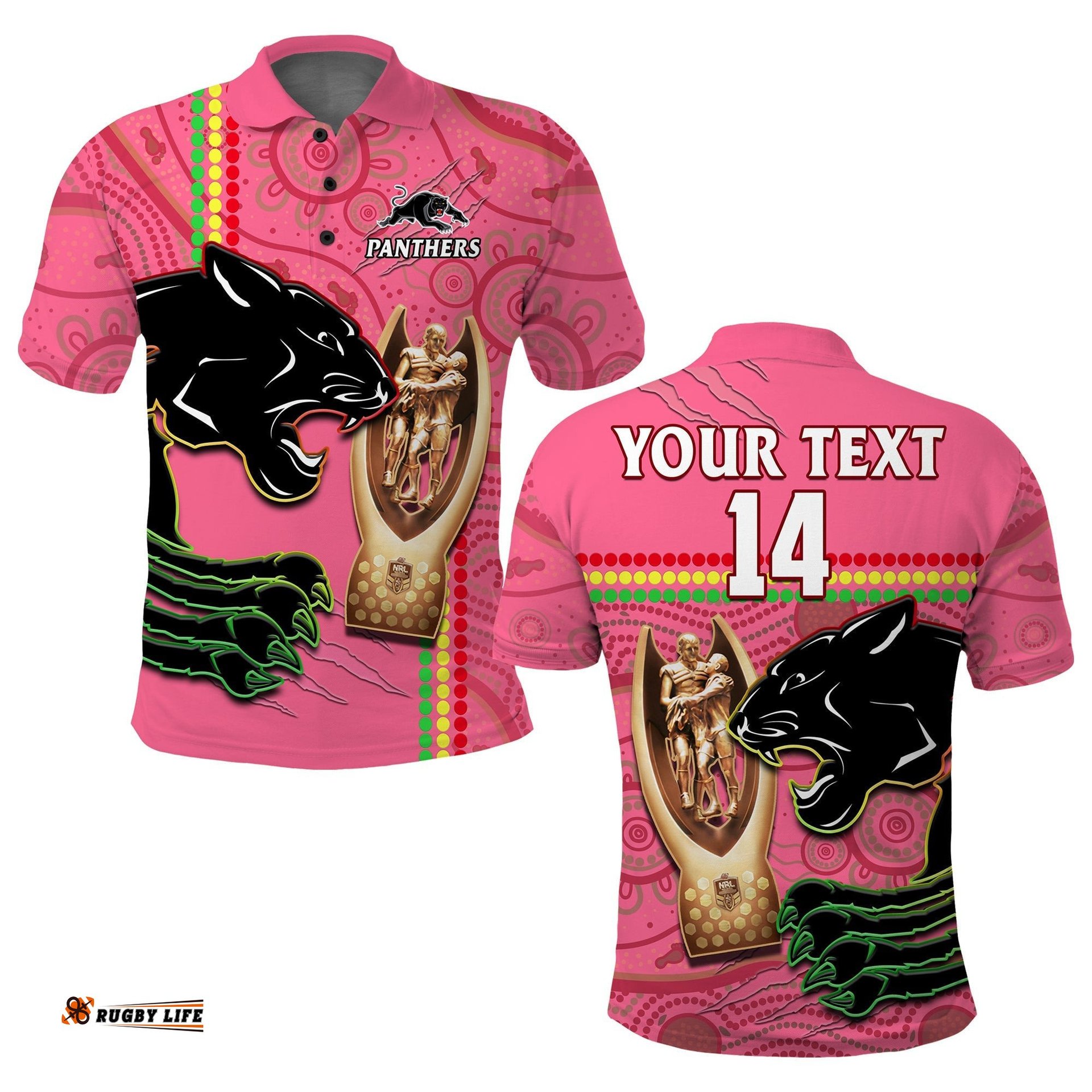 Custom Text And Number Panthers Rugby Polo Shirt The Riff 2022 Premiers Aboriginal Pink Amazing Aussie