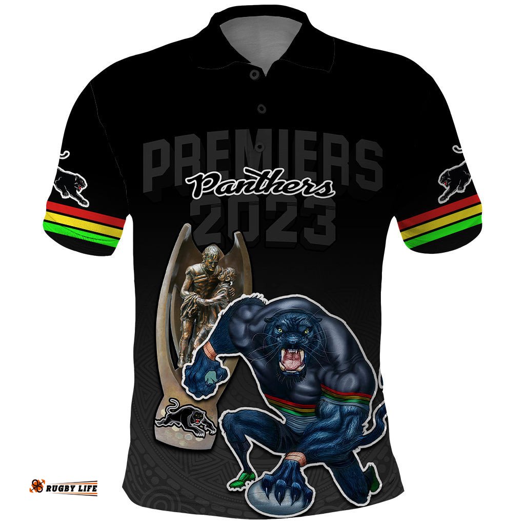 Panthers Premier 2023 Polo Shirt Mascot with NRL Trophy Black Version
