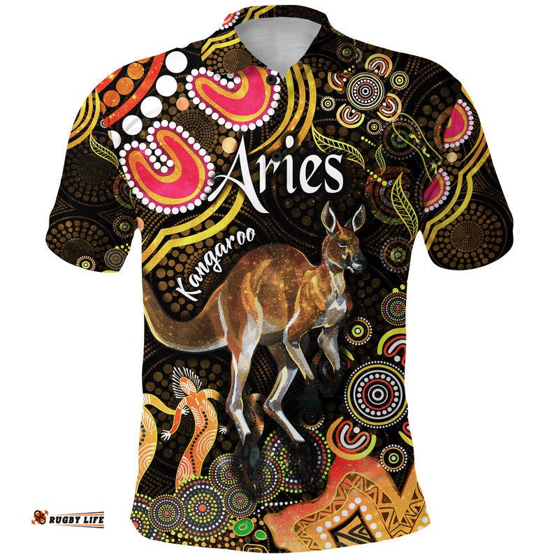 Custom Personalised Australian Astrology Polo Shirt Aries Kangaroo Zodiac Aboriginal Vibes - Gold Amazing Aussie