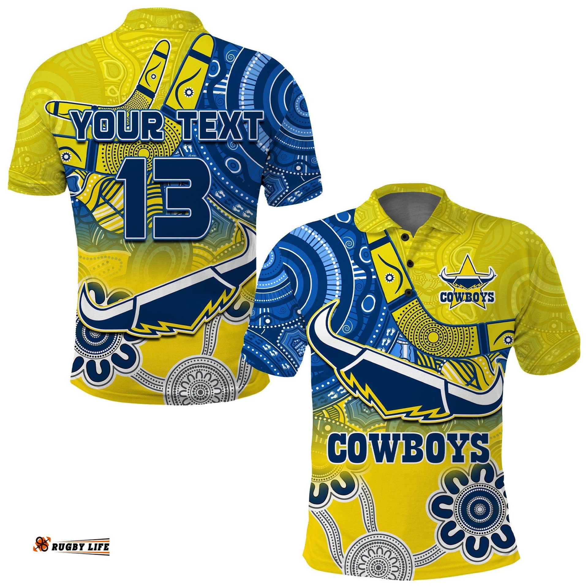 Custom Text and Number Cowboys Rugby Polo Shirt Aboriginal Boomerang Go Premiers North Queensland Amazing Aussie