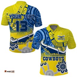 Custom Text and Number Cowboys Rugby Polo Shirt Aboriginal Boomerang Go Premiers North Queensland Amazing Aussie