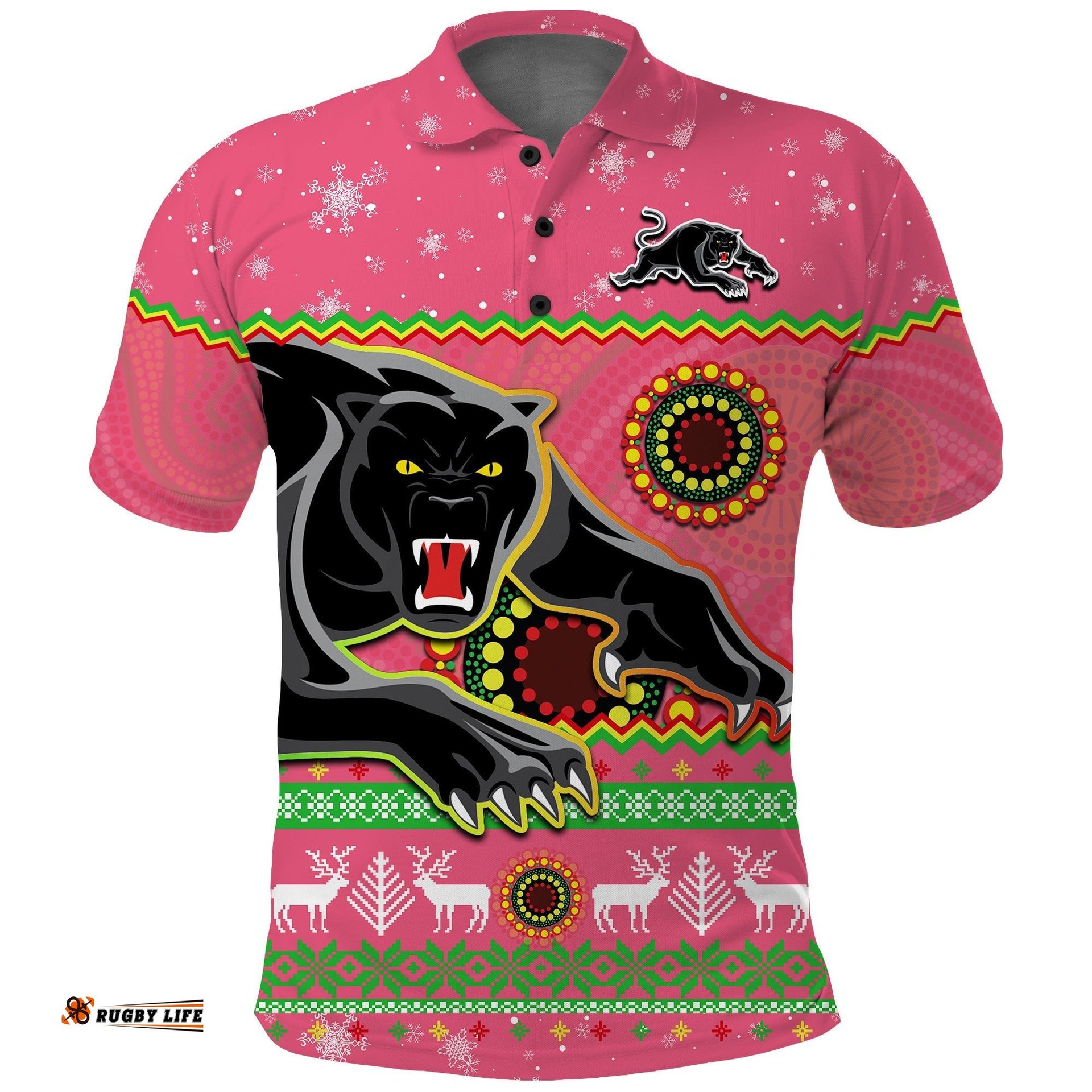 Panthers Christmas Polo Shirt Aboriginal Pattern Penrith Pink Version Amazing Aussie
