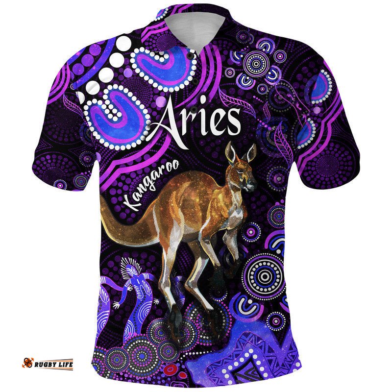 Custom Personalised Australian Astrology Polo Shirt Aries Kangaroo Zodiac Aboriginal Vibes - Purple Amazing Aussie