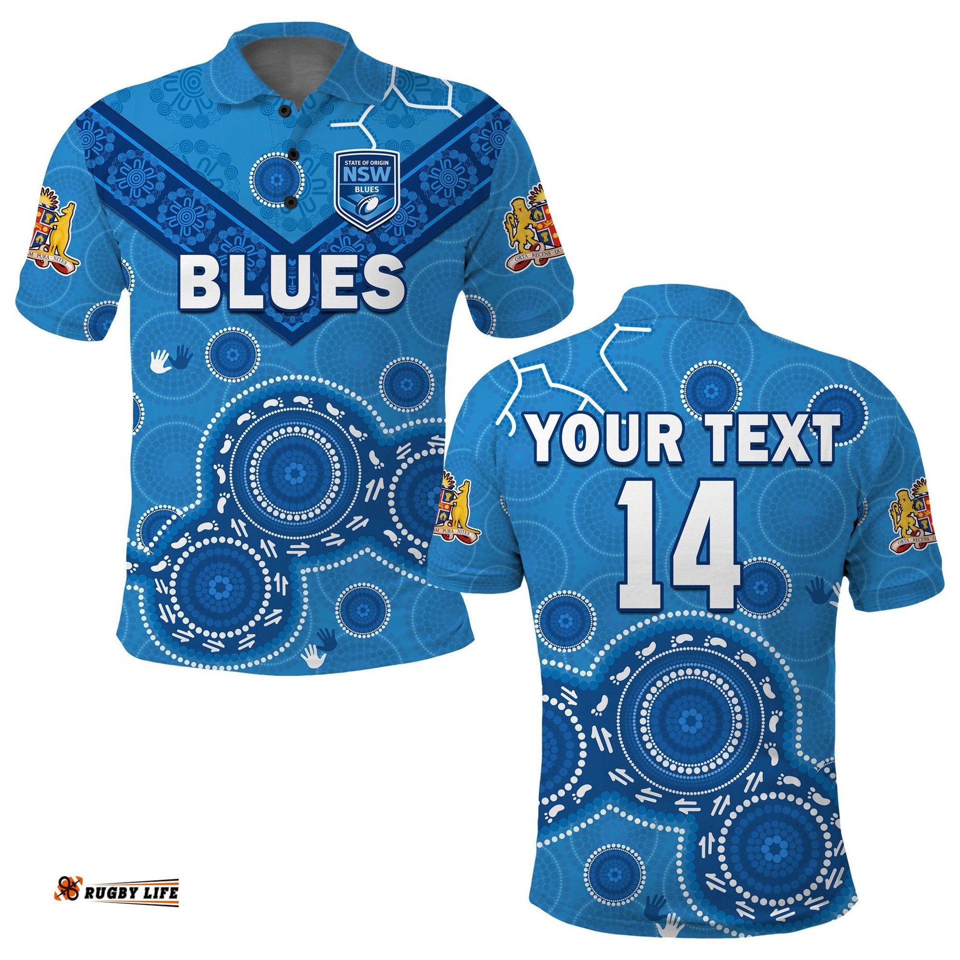 Custom Text And Number NSW Blues Rugby Polo Shirt New South Wales Aboriginal Dot Painting Unique Version Amazing Aussie