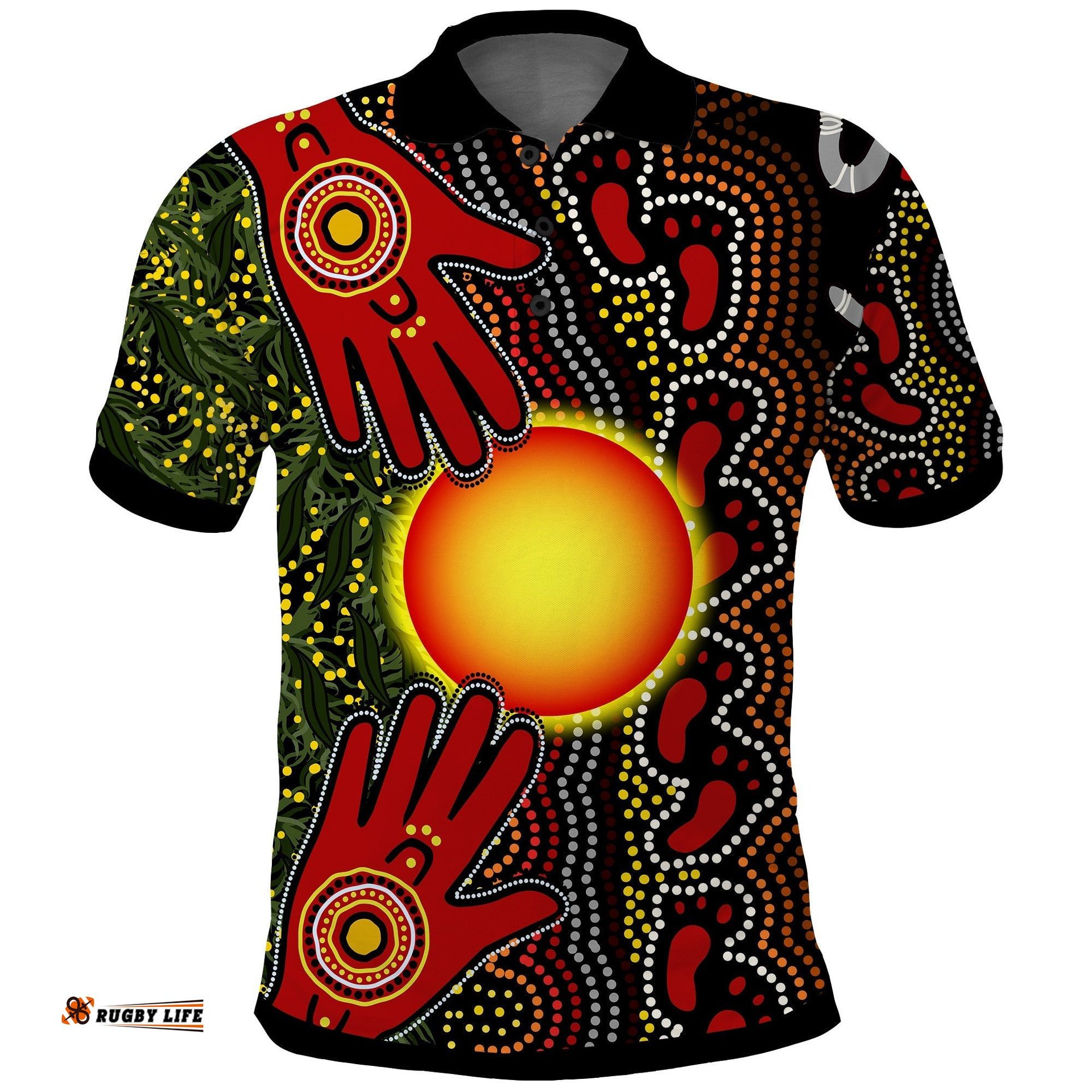 Custom Text and Number Aboriginal Dot Painting Polo Shirt Go To Touch The Sun Amazing Aussie