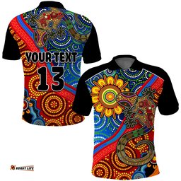 Custom Text and Number Australia Lizard and Sun Polo Shirt Aboriginal Art Speical Amazing Aussie