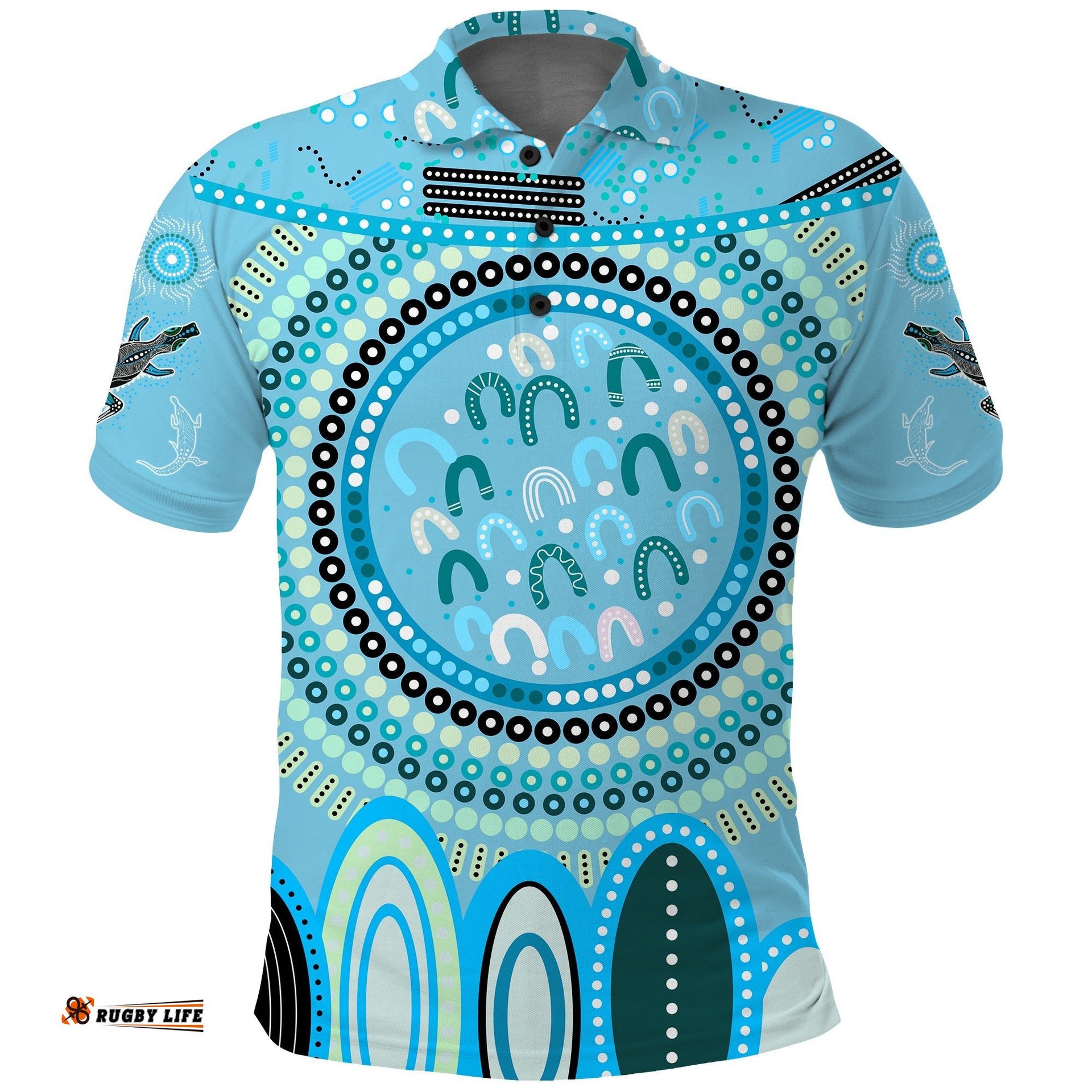 Custom Text and Number Aboriginal Stand Up Polo Shirt Circle Dot with Lizard Version Blue Amazing Aussie