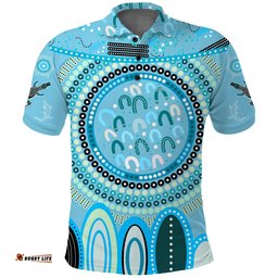 Custom Text and Number Aboriginal Stand Up Polo Shirt Circle Dot with Lizard Version Blue Amazing Aussie
