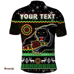 Custom Personalised Panthers Christmas Polo Shirt Aboriginal Pattern Penrith Black Version Amazing Aussie