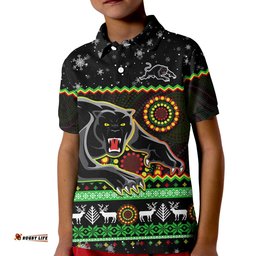 Custom Personalised Panthers Christmas Polo Shirt Aboriginal Pattern Penrith Black Version Amazing Aussie