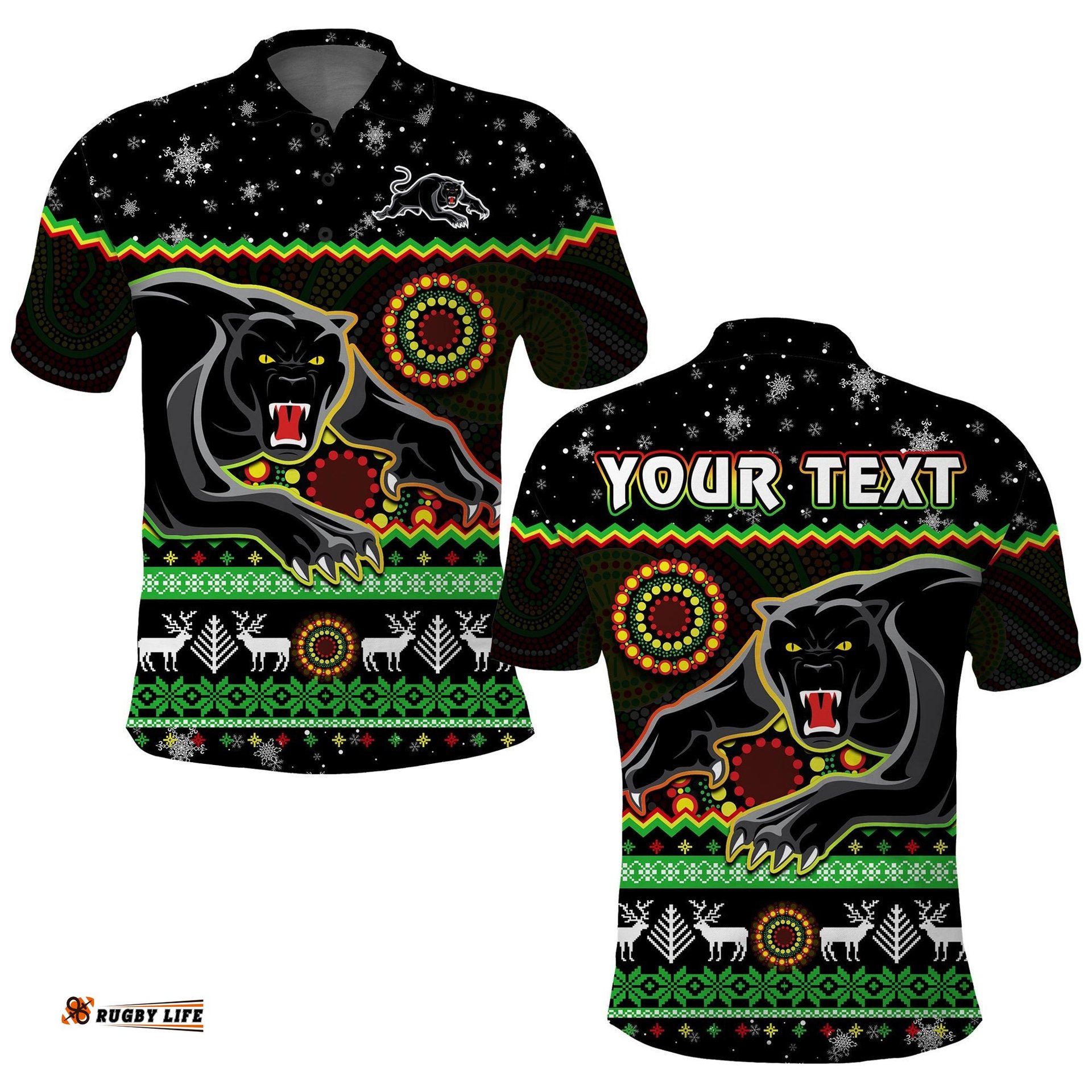 Custom Personalised Panthers Christmas Polo Shirt Aboriginal Pattern Penrith Black Version Amazing Aussie