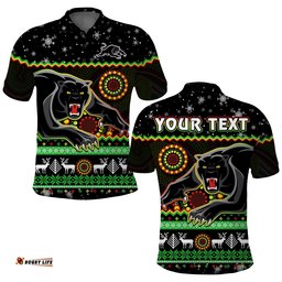 Custom Personalised Panthers Christmas Polo Shirt Aboriginal Pattern Penrith Black Version Amazing Aussie