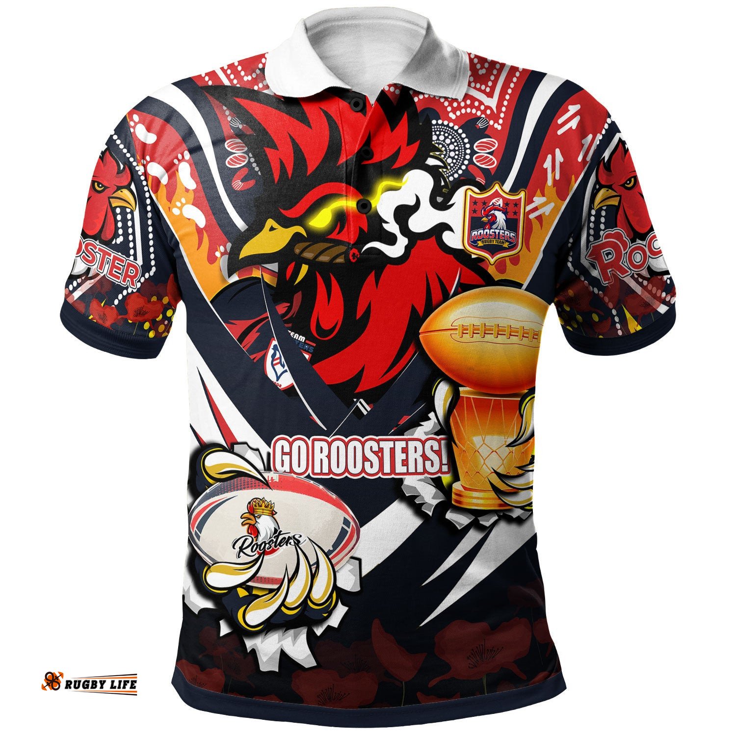Roosters Premierships Rugby Polo Shirt - Custom "Go Roosters!" Super Champion Claw Scratch Aboriginal Culture Polo Shirt Amazing Aussie
