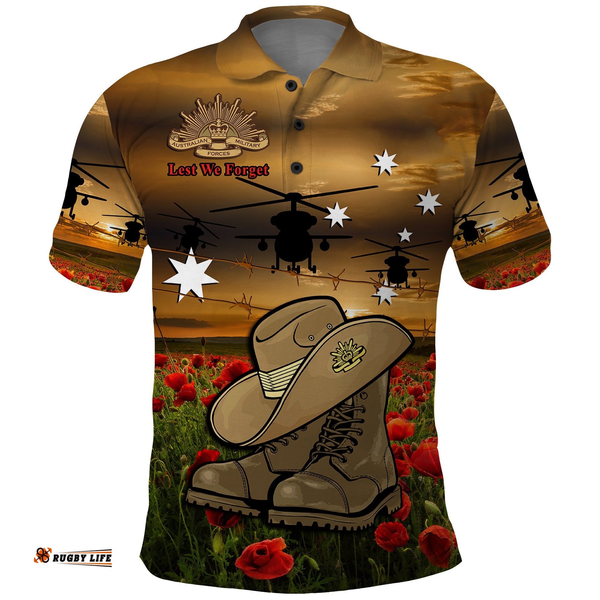 Australian ANZAC Polo Shirt Slouch Hat And Army Boots With Poppy Amazing Aussie