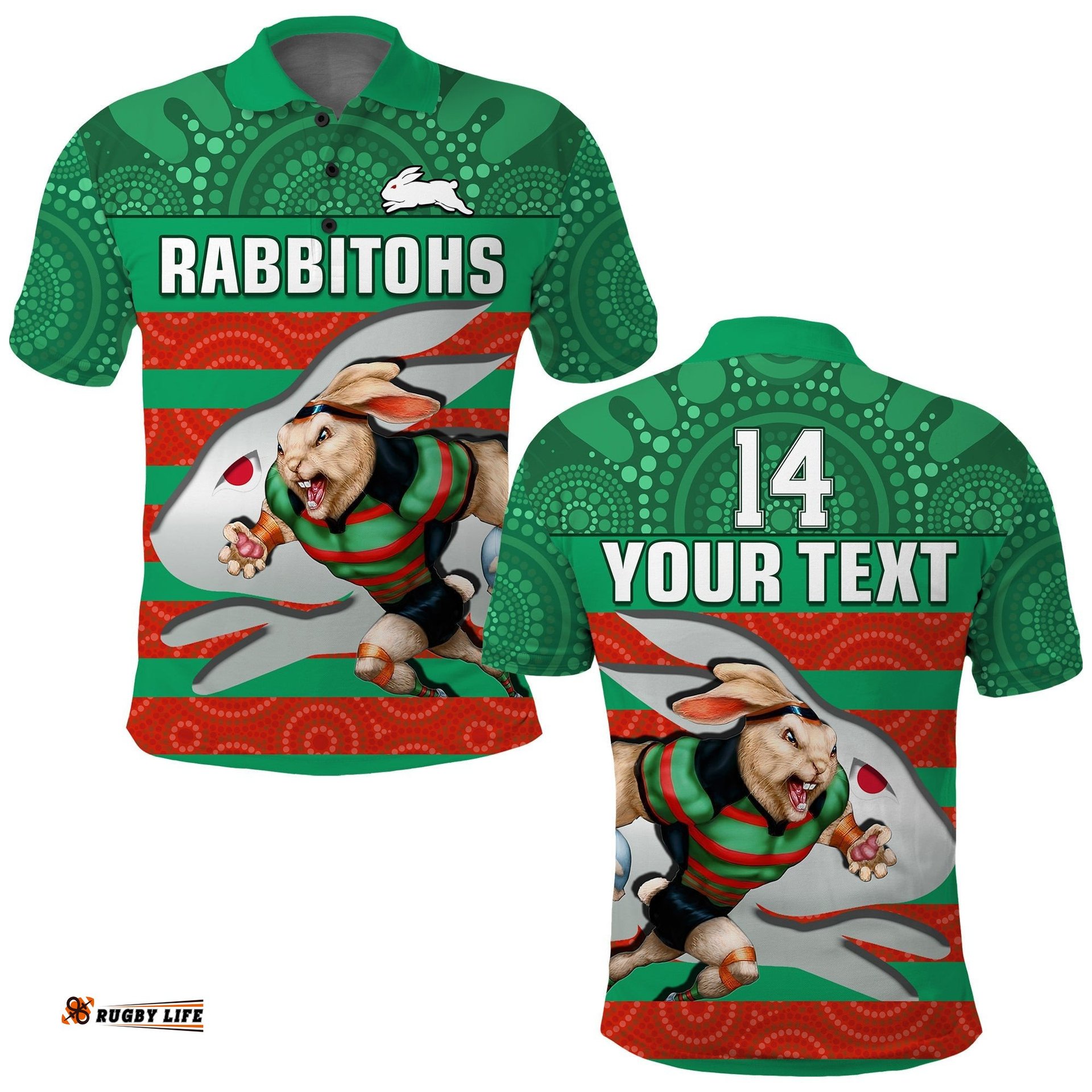 Custom Text And Number Rabbitohs Rugby Polo Shirt Aboriginal Dot Painting Glory Glory Sporty Style Amazing Aussie