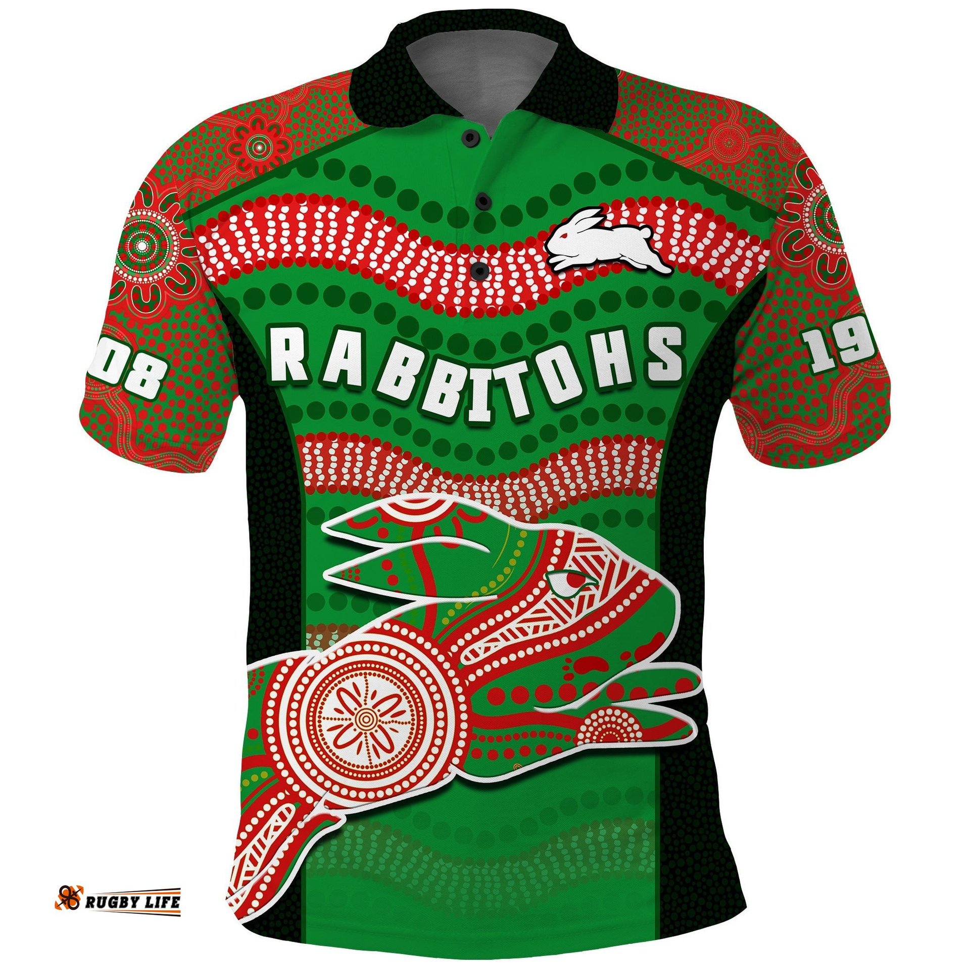 Rabbitohs Rugby Polo Shirt Souths 1908 Aboriginal Dot Painting Go Bunnies Amazing Aussie