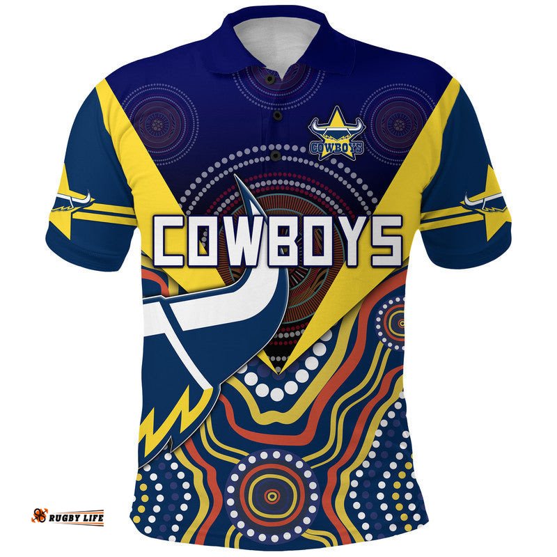 Cowboys Rugby Polo Shirt Indigenous Arboriginal Dot Paint Navy Style Amazing Aussie