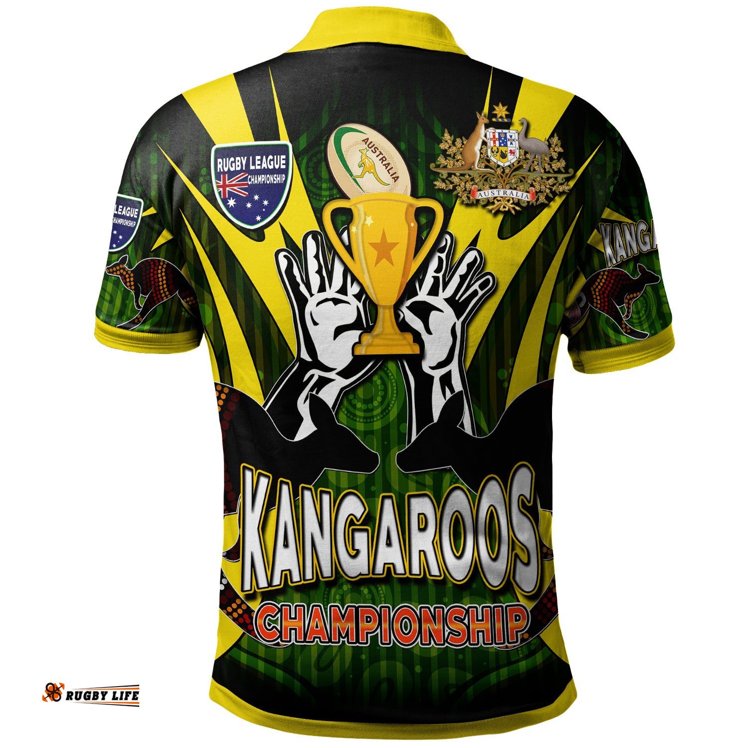 Kangaroos Rugby Polo Shirt - Custom Kangaroo Rugby League Coat Of Arms Aboriginal Culture Personalised Player And Number Polo Shirt Amazing Aussie