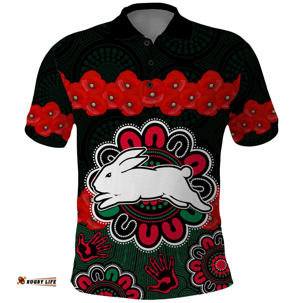 ANZAC 2023 NRL Rabbitohs Rugby Polo Shirt The Bunnies 1908 Poppy Flowers Mixed Aboriginal