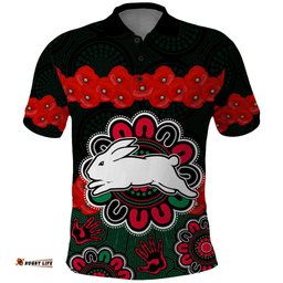 ANZAC 2023 NRL Rabbitohs Rugby Polo Shirt The Bunnies 1908 Poppy Flowers Mixed Aboriginal