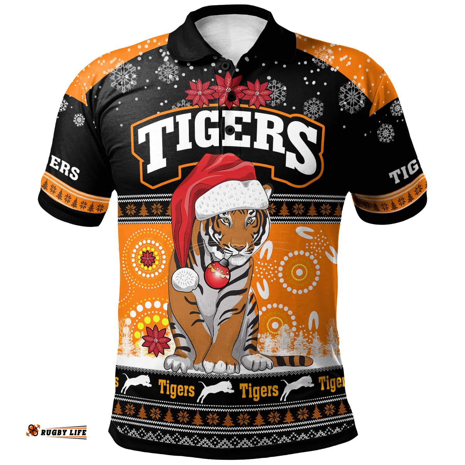 Tigers Rugby Christmas Polo Shirt - Custom Tigers Ugly Christmas And Aboriginal Patterns Polo Shirt Amazing Aussie