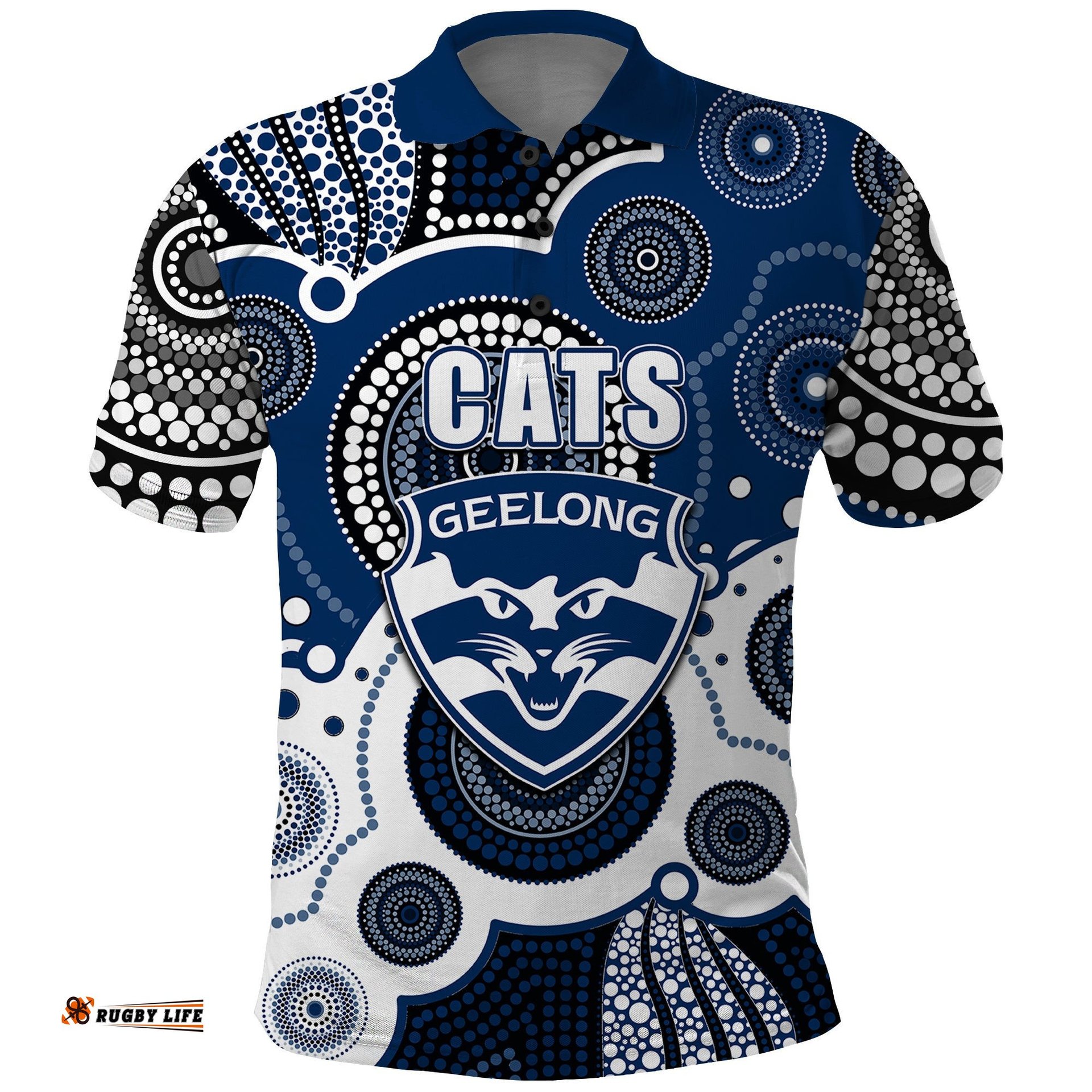 Custom Personalised And Number Cats AFL Polo Shirt Aboriginal Patterns Amazing Aussie