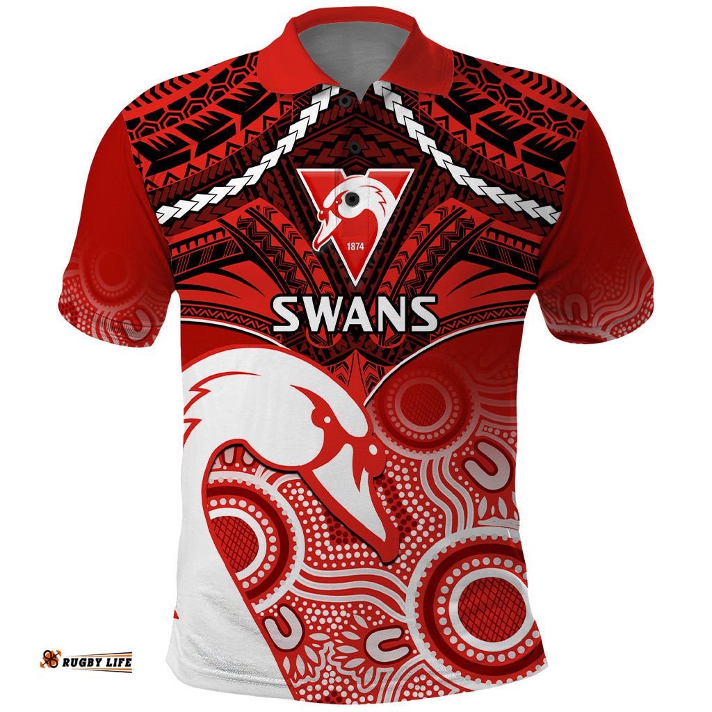 Sydney Swans Football Polo Shirt Go Swannies Aboriginal Mix Polynesian Pattern