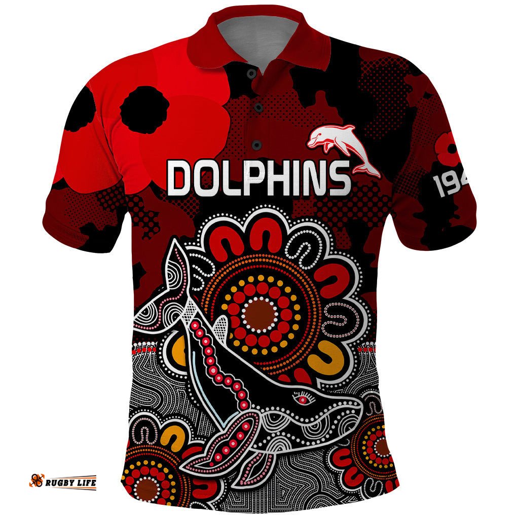 ANZAC Dolphins Rugby Polo Shirt Indigenous Circles and Waves