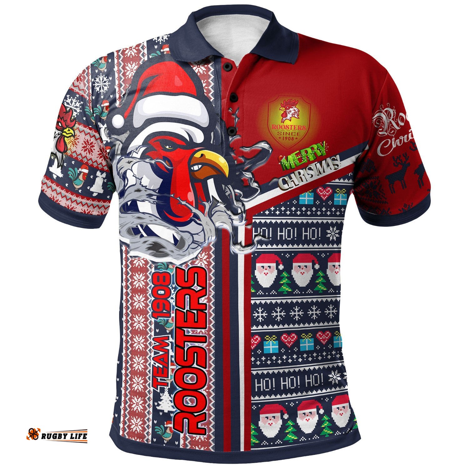 Roosters Rugby Christmas Polo Shirt - Custom Scratch Roosters Snowflakes Ho Ho Ho Personalized Name And Number Polo Shirt Amazing Aussie