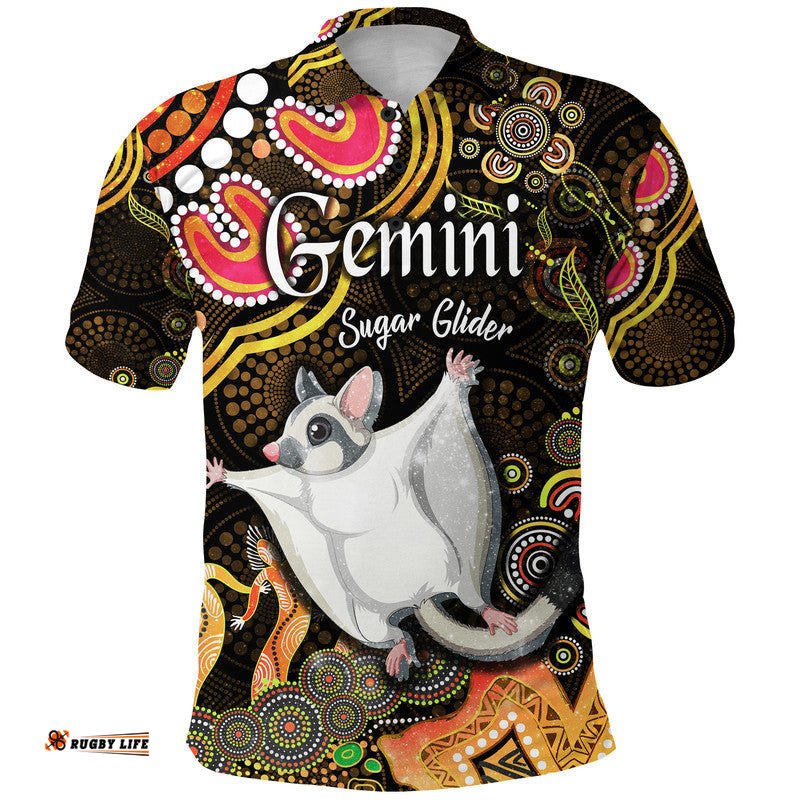Custom Personalised Australian Astrology Polo Shirt Gemini Sugar Glider Zodiac Aboriginal Vibes - Gold Amazing Aussie