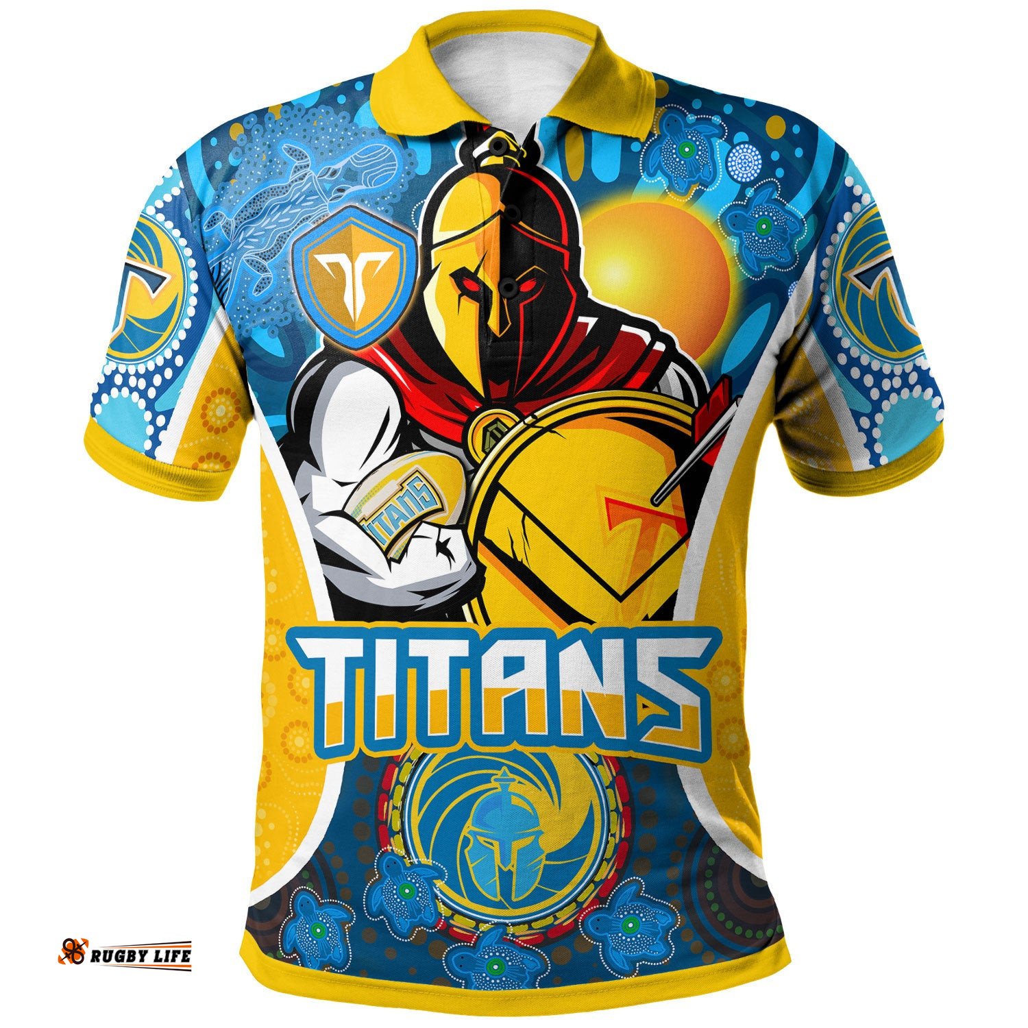 Titans Rugby Polo Shirt - Custom Gold Coast Titans Mascot With Aboriginal Art Personalised Player And Number Polo Shirt Amazing Aussie