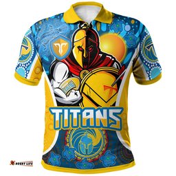 Titans Rugby Polo Shirt - Custom Gold Coast Titans Mascot With Aboriginal Art Personalised Player And Number Polo Shirt Amazing Aussie