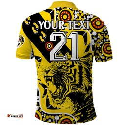 Custom Text And Number Richmond Tigers Football Polo Shirt Angry Tiger Roaring Aboriginal Boomerang and Dots Art
