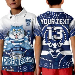 Custom Text and Number Cats Football Polo Shirt Aboriginal Australian Premiers 2022 Proud Geelong Cartoon Amazing Aussie