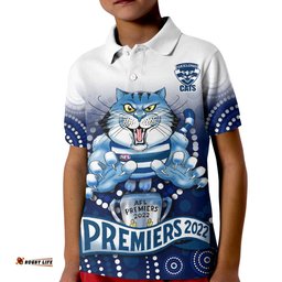 Custom Text and Number Cats Football Polo Shirt Aboriginal Australian Premiers 2022 Proud Geelong Cartoon Amazing Aussie