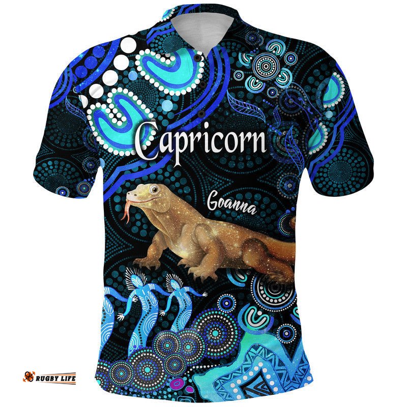 Custom Personalised Australian Astrology Polo Shirt Capricorn Goanna Zodiac Aboriginal Vibes - Blue Amazing Aussie
