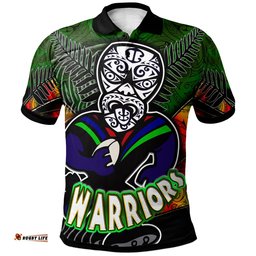 Warriors Rugby Polo Shirt - Custom Warrios Maori Mask Rugby Player Maori Style Ethnic Ornament Pattern Player And Number Polo Shirt Amazing Aussie