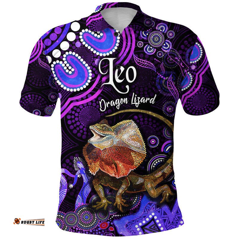 Custom Personalised Australian Astrology Polo Shirt Leo Dragon Lizard Zodiac Aboriginal Vibes - Purple Amazing Aussie