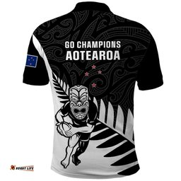 New Zealand Silver Fern Rugby Polo Shirt All Black 2023 Go Champions Maori Pattern