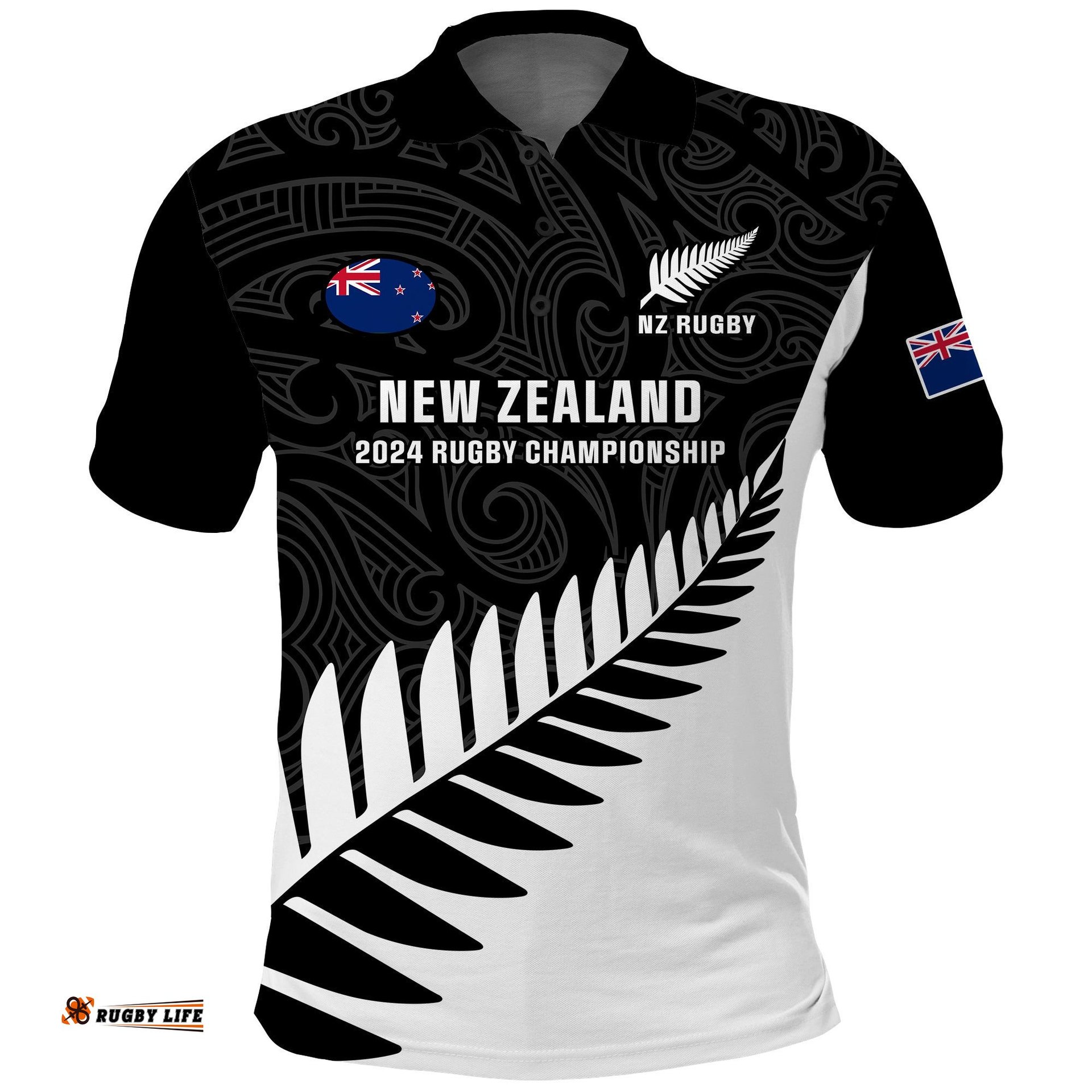 New Zealand Silver Fern Rugby Polo Shirt All Black 2023 Go Champions Maori Pattern
