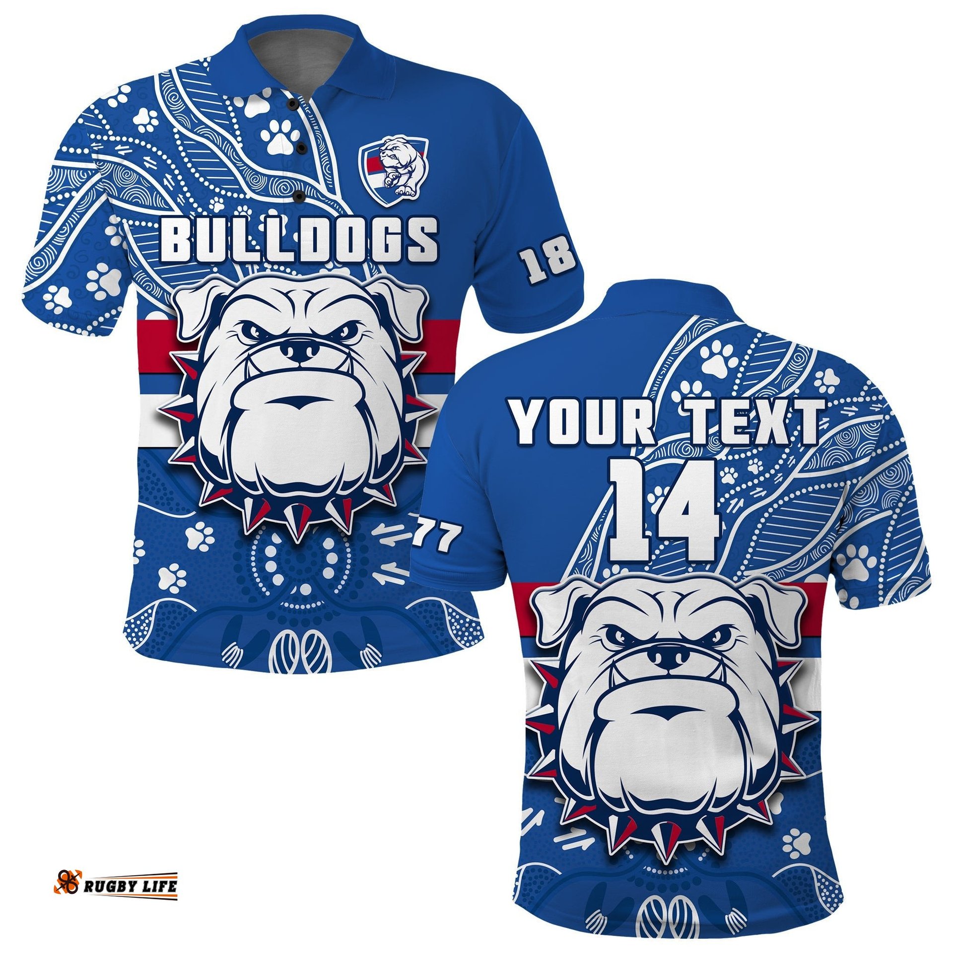 Custom Text And Number Bulldogs Football Polo Shirt Scraggers 1877 Aboriginal Dot Painting Newest Version Amazing Aussie