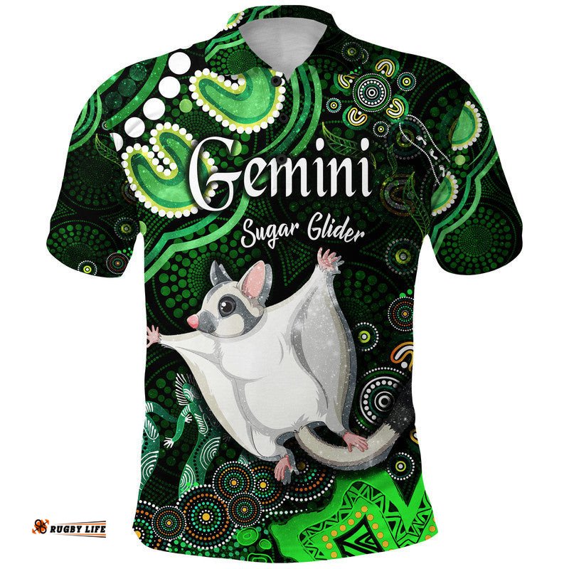 Custom Personalised Australian Astrology Polo Shirt Gemini Sugar Glider Zodiac Aboriginal Vibes - Green Amazing Aussie