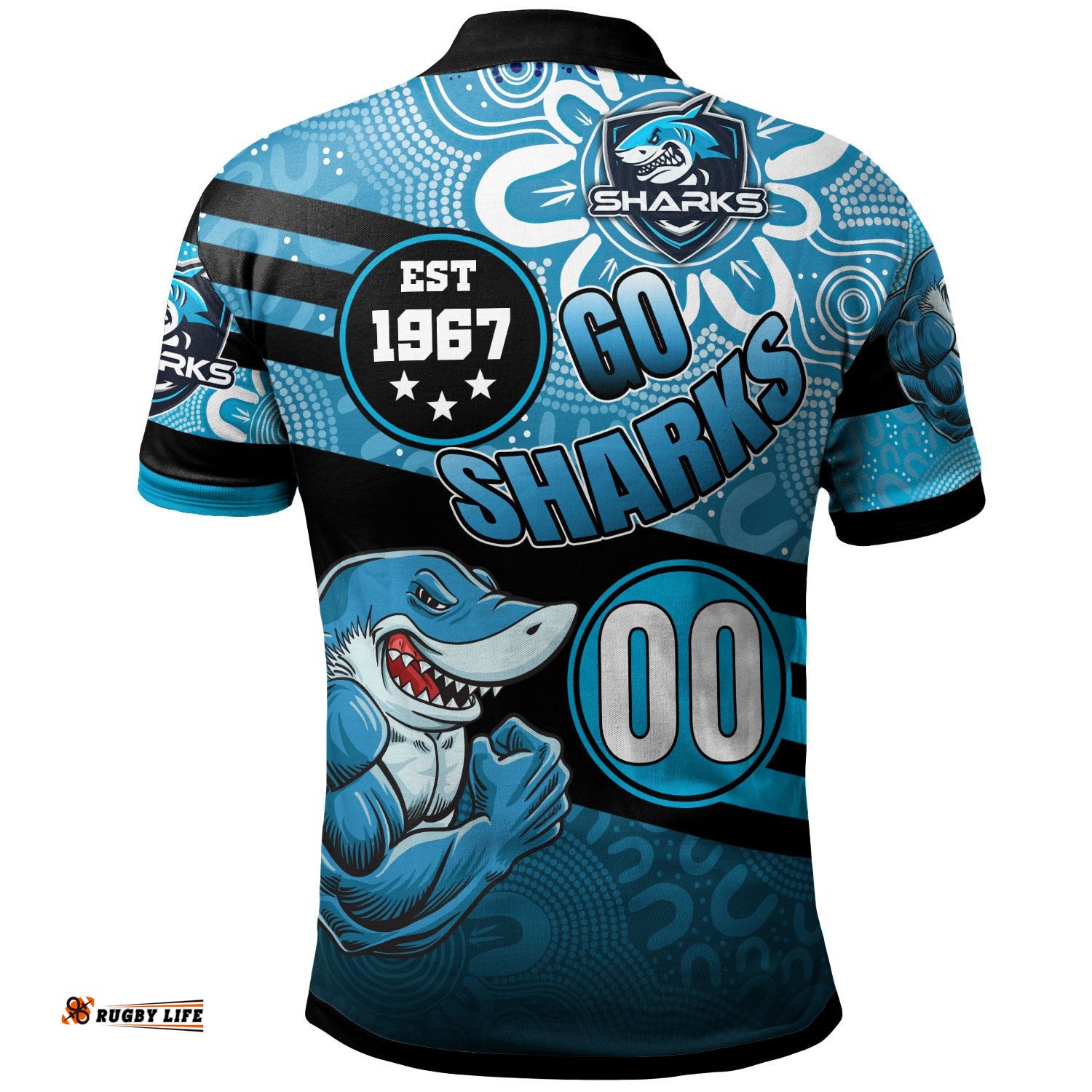 Sharks Rugby Polo Shirt - Custom Rugby Ball GO SHARKS Aboriginal Patterns Polo Shirt Amazing Aussie