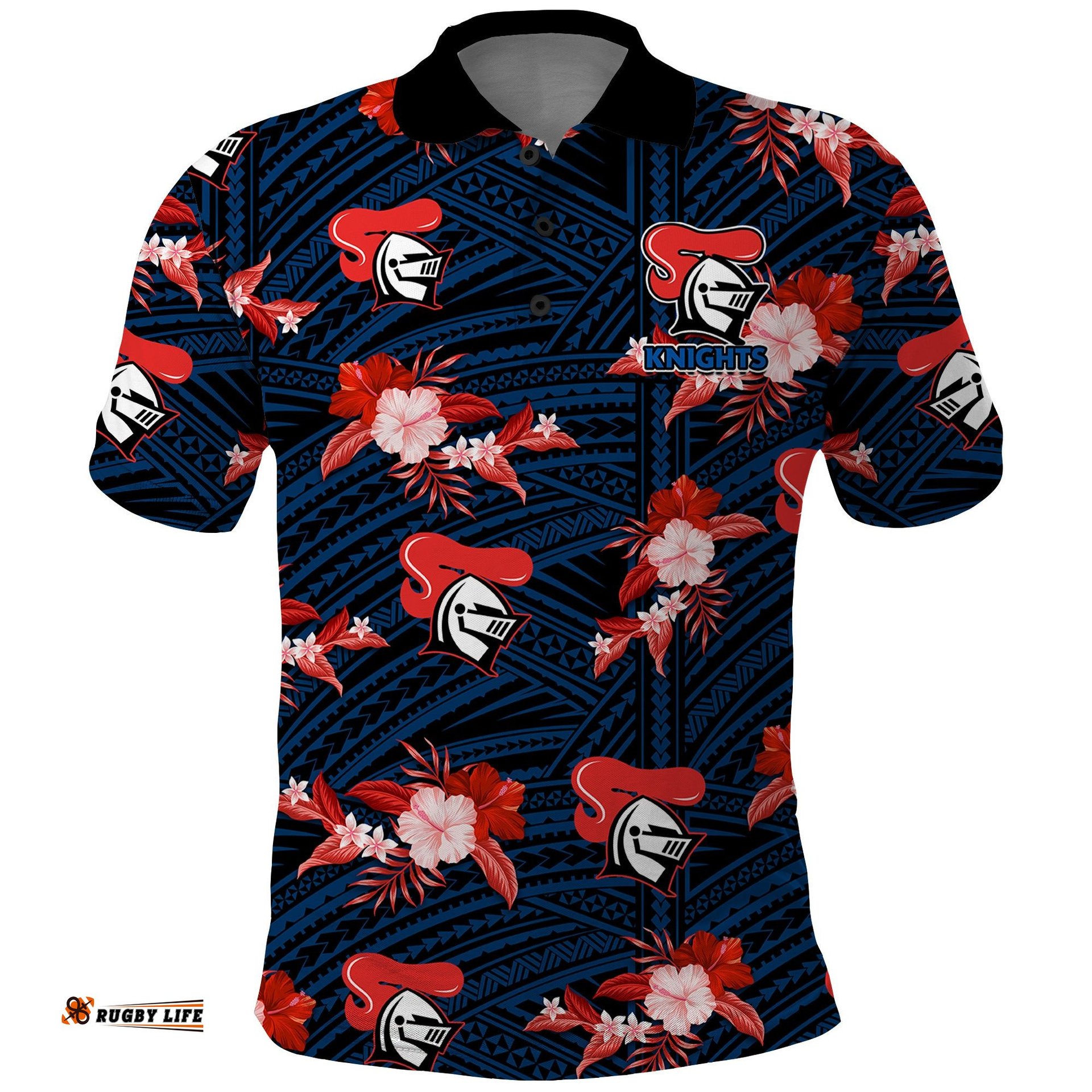 Custom Text And Number Newcastle Knights Rugby Polo Shirt Polynesian Tribal Mix Tropical Hawaiian Style