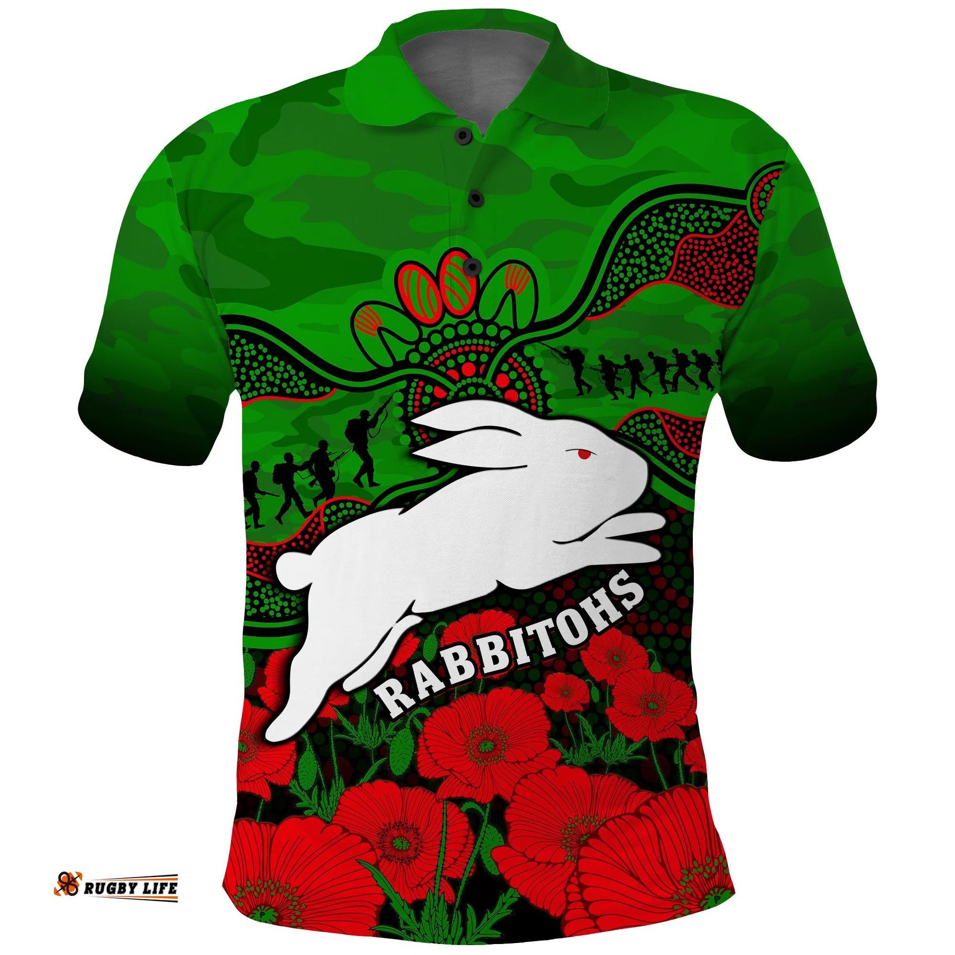 Rabbitohs Rugby ANZAC Polo Shirt South Sydney Camouflage Poppy Aboriginal Amazing Aussie